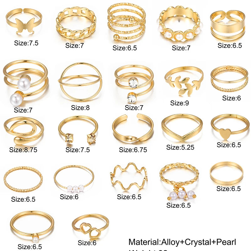 22Pcs/Set Gold Color Heart Snake Rings Set For Women